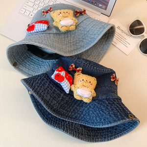 Lindo Sombrero de Pescador de Mezclilla con Lazo de Oso para Mujer, de Ala Ancha, Protección Solar, a la Moda, para Verano - Product Image 5