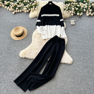 طقم نسائي من قطعتين طقم كنزة محبوكة فضفاضة بألوان غير رسمية بأكمام طويلة كنزة صوفية عالية الخصر بنطال واسع الساق طقم من قطعتين للسيدات - Product Image 6