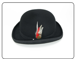 High Quality Black Hard Wool Felt Bowler <b>Hat</b> with Feather <b>for</b> Party Inspired by America Music Festival - Product Image 3
