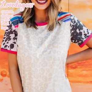 Loveda 사용자 정의 여성 트렌디 슬림 핏 라운드 넥 컬러 블록 짧은 소매 탑 소 카우걸 레오파드 무늬 스트라이프 T 셔츠