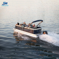 Bateau à ponton de 25 pieds en aluminium robuste avec sièges confortables, rangement, échelle de bain, bimini et moteur hors-bord
