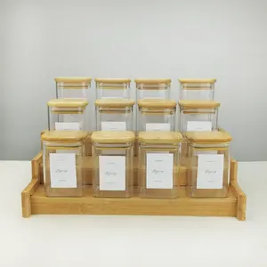 Conjunto de presente de cozinha, artesanal 12 peças de 200ml, frascos de vidro quadrados com prateleira de tempero