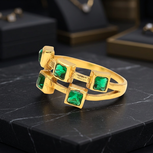 The Verdant Trifecta Golden Symphony Rhodium Plated Three Emeralds Green Gemstone Ethnic Design <b>Ring</b> - Product Image 2