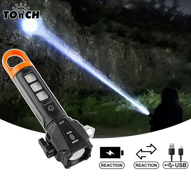 White Laser LED Flashlight Emergency Safety Hammer Seatbelt Cutter Zoomable USB Type C Long Range Rescue Car Escape Flashlight