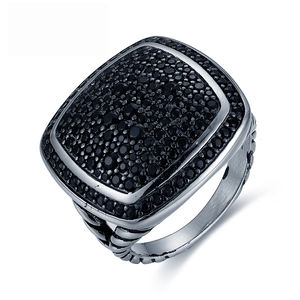 Квадратный 925 Эрекционные кольца ювелирные изделия Имитационные с твердым покрытием кубического циркония черный камень стерлингового серебра веревка Сплит льдом кольцо для мужчин в стиле «хип-хоп» - Product Image 1