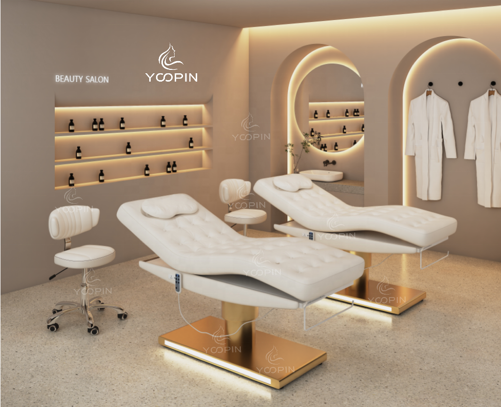 Customized Color White Leather Beauty Salon Massage Table Electric Curved  Treatment Facial Lash Beauty Bed With Motors