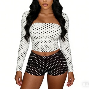 Women's <b>Sexy</b> Contrast-Color Polka Dot Long-Sleeve Shawl Top, Shorts, and Vest Vintage 3-Piece <b>Set</b> Fashion - Product Image 1