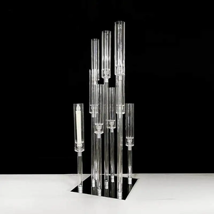Venta al por mayor de candelabros altos transparentes de cristal de 9 brazos, portavelas de cristal personalizado para Decoración de mesa de boda - Product Image 1