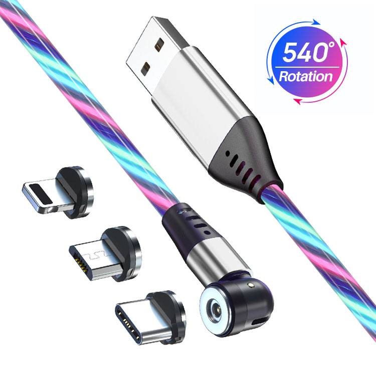 On Stock 540 Degree Rotation Type C Fast Universal USB Magnetic Cable Phone Charger Cabo Led Luminous Flowing Micro V8 USB Cable