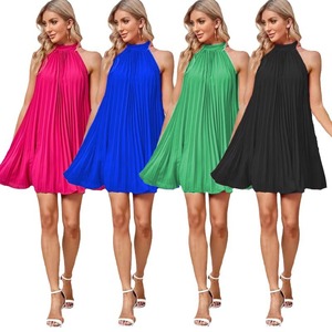 Nuevo <span class=keywords><strong>Vestido</strong></span> Elegante <span class=keywords><strong>de</strong></span> Primavera para Mujer, Color Sólido, Plisado, Sin Mangas, Cuello Alto, con Lazo y Cordones - Product Image 5