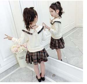 Wholesale New Spring Girl's Autumn Embroidered Peter Pan Collar Kid Shirt Tartan Skirt Two Pieces Suit - Product Image 4