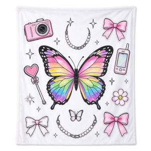 Coperta in <span class=keywords><strong>pile</strong></span> personalizzata Y2K retrò con farfalle e doodle, all'ingrosso, con stampa di fiocchi e fotocamere, morbida, per ragazze - Product Image 2