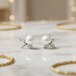 Eleganti Orecchini a Perno con Perle e Diamanti Taglio Marquise, Design Floreale per Donne, Gioielli Classici con Perle d'Acqua Salata per Matrimoni - Product Image 2