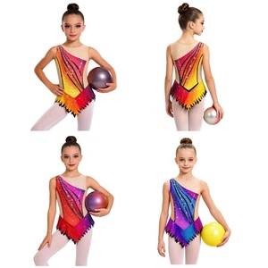 Maillot de Gimnasia Rítmica para Niñas, con Malla, Rayas Diagonales, Pedrería, Sin Mangas, Cuello Redondo, Parte Inferior con Diseño de Llama, para Competición, Personalizado - Product Image 1