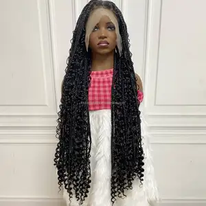 Full Lace Synthetic Braided Wigs Boho Box Braid Wig Square Knotless Braided Lace Wig with Curly Ends for Woman 36 Inch