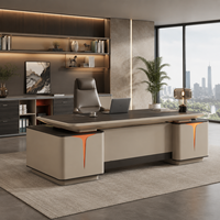 Bureau de direction moderne haut de gamme, grand bureau de PDG avec deux meubles de rangement, design LED pour salle de direction d'entreprise