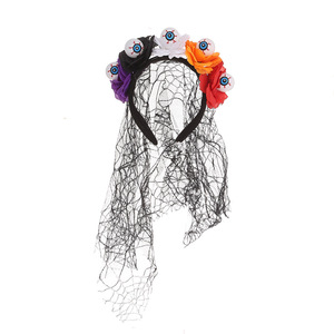 Diadema de malla con flores, calavera gótica peculiar y alas de murciélago para Halloween, accesorio para el cabello para fiestas y bailes - Product Image 2