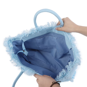 Borsa Tote Spaziosa in Tela di Cotone Multicolore da Donna e Ragazza con Frange e Nappe, Borsa a Mano Impermeabile da Spiaggia per l'Estate - Product Image 3