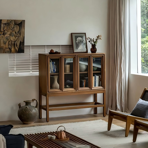 Vintage Retro Medieval Style Living Room <b>Sideboard</b> Teak Glass Bookshelf Solid Wood Display <b>Storage</b> China Made - Product Image 2