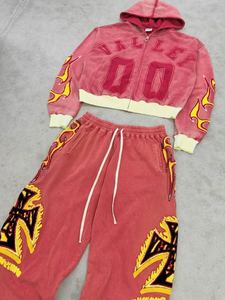 Ensemble <span class=keywords><strong>de</strong></span> survêtements pour hommes Yingling avec logo personnalisé délavé, fermeture éclair, patchwork, motif vieilli et logo imprimé vintage - Product Image 2