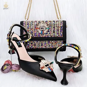 Italian Design High Quality Handmade Wmen's Pumps And Bag Full Of Rhinestones In High-Grade Materials For Wedding