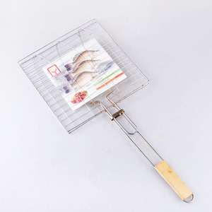 <b>Grilled</b> Fish Barbecue Rack 28x28x62cm Square Iron <b>Mesh</b> With Wooden Handle <b>For</b> Outdoor BBQ Cooking Baking - Product Image 1
