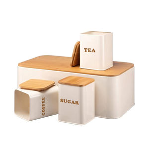 Custom Hout Deksels Opslag Pot Suiker Thee Koffie Brood Metalen Doos Blikken Set Vierkante Keuken Voedsel Houten Bamboe Deksel Blikken Bus - Product Image 3