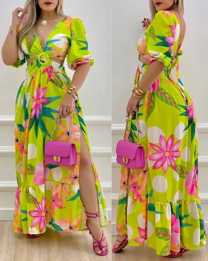 5819# Chic Design Vintage Chiffon Floral Printing Casual Elegant Long Maxi Dress Loose Empire Bohemia Hollow Out