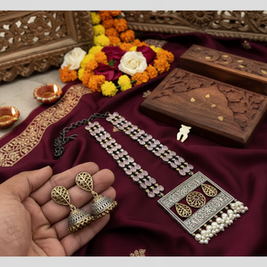 Elegant <b>Silver</b> Plated Zinc Alloy <b>Long</b> Necklace <b>Earring</b> Set for Women Traditional Ethnic Jewelry for Weddings Festivals Occasions - Product Image 3