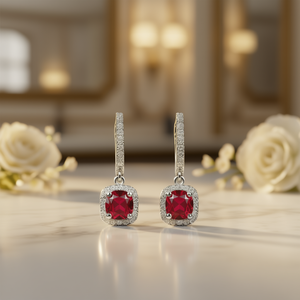 Boucles d'oreilles pendantes de luxe en pierres précieuses rouges pour femmes, design géométrique, sertissage griffe, en cuivre, pour soirées, modèle E2910 - Product Image 2