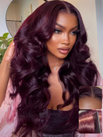 Perruque en cheveux humains à dentelle frontale 13x4, ondulation naturelle, noire cerise, pré-attachée, sans colle, avec frange encadrant le visage pour femmes noires