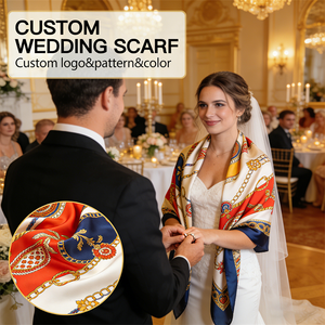 人気のプレミアム100％シルクプリントレオパード柄ポルカドットスカーフ、ブライダルシャワー、ウェディングアクセサリー、カスタムパントンカラーデザインスカーフ - Product Image 1