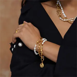 Freshwater Baroque Shaped Pearl Bracelet Jewelry Stylish stainless steel gold-plated small lentil lava ring buckle bracelet