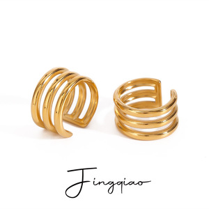 ต่างหูแบบหนีบ รูปทรงเรขาคณิต โลหะผสมสังกะสี ชุบทอง สามชั้น แบบกลวง เครื่องประดับแฟชั่นสำหรับผู้หญิง - Product Image 5