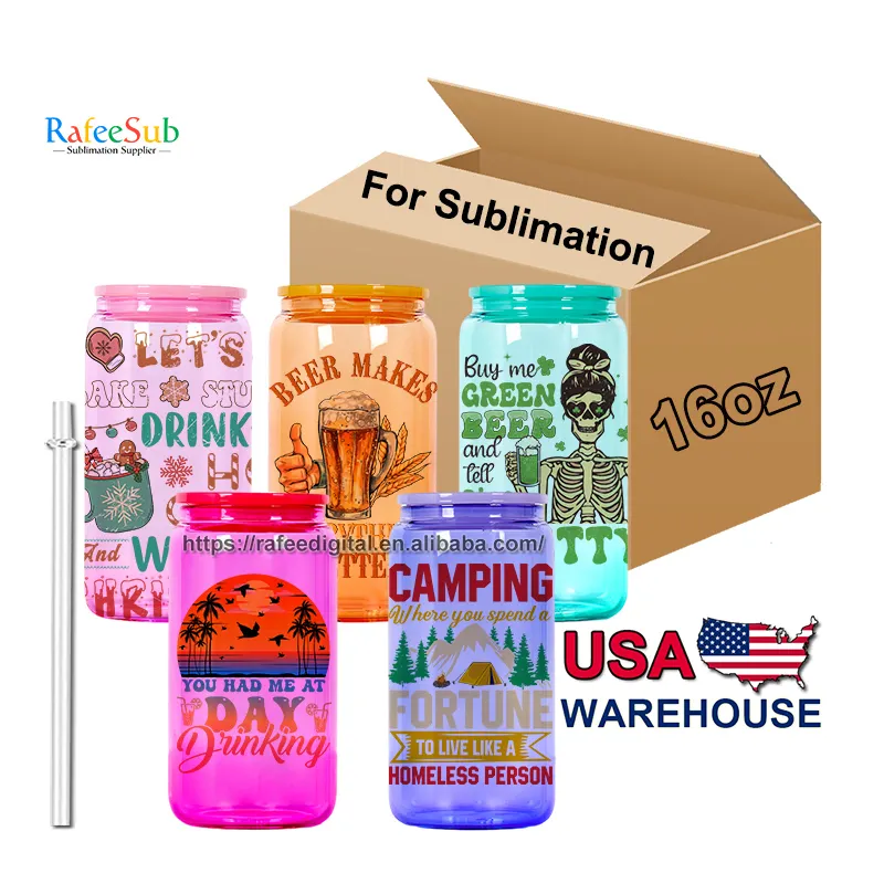 Entrepôt USA 16 oz 16 oz Gobelet à boire en gelée transparente à haute teneur en borosilicate Canette de bière en verre de sublimation vierge avec couvercle et paille