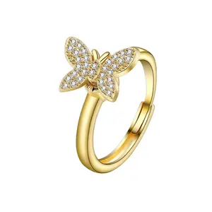 Anel de borboleta dourado banhado a ouro, boa qualidade girando, prata esterlina 925, alívio de ansiedade, anéis para mulheres