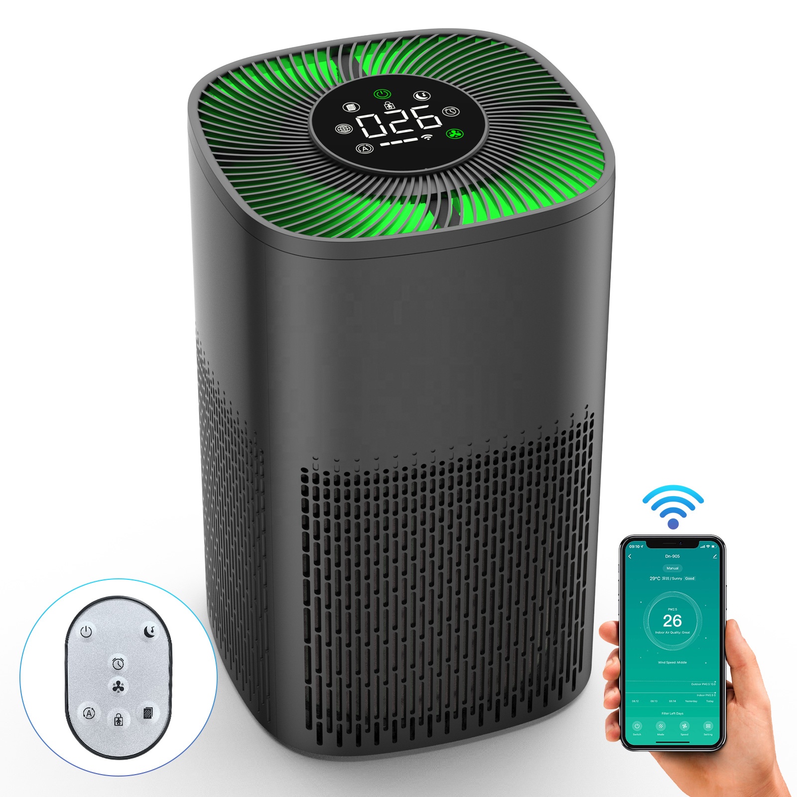 Purificador de aire con filtro Hepa para hogar inteligente, purificador de aire con wifi, control remoto