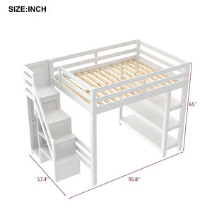 Cama alta blanca para niños con escaleras de almacenamiento y estante lateral para dormitorio - Product Image 4