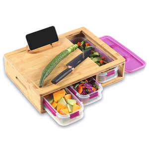 Hot Selling Large Bamboo Cutting Board With Storage Basket 4 Containers Draws Wood Chopping Board Rectangular