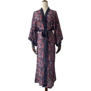Vestido kimono feminino de seda, robe manga longa saída de praia