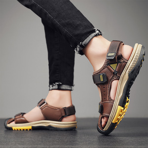 Men's Genuine Leather <b>Sandals</b> Summer Breathable Anti Slip Soft Sole <b>Closed</b> <b>Toe</b> Outdoor Beach Shoes Durable - Product Image 3
