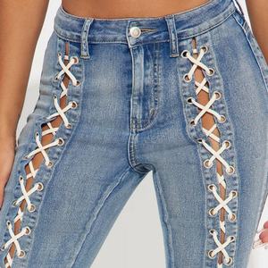 Jean en denim pour femme, coupe skinny, taille haute, évasé, délavé à l'acide, avec fente et cordon de serrage, en coton, sexy, haute qualité, prix bas, promotion - Product Image 5