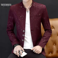 Blazer sin Cuello para Hombre ODM, Tejido Jacquard con Hilo Metálico Dorado, Azul Cobalto, Sin Solapas, Hombros Estructurados, Estilo Casual Elegante