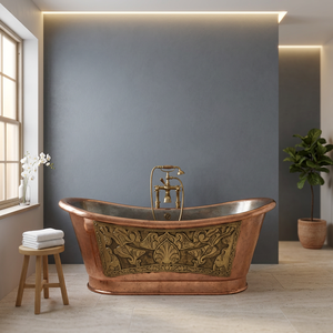 Baignoire rectangulaire de luxe en cuivre avec couvercle, finition extérieure patine bleu-vert, autoportante, avec fonction bain à remous - Product Image 1