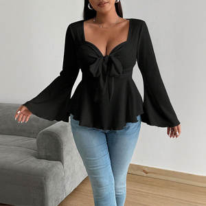 Nueva Camiseta Sexy <span class=keywords><strong>de</strong></span> Talla Grande para Mujer, Corte Ajustado, Cuello en V, Transpirable, Primavera-Verano, Manga Larga con Volantes y Cintura Ajustable con Cordones - Product Image 4