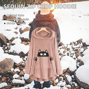 Sweat-shirt d'hiver surdimensionné à manches longues et épaules tombantes pour femme, en polaire rose avec imprimé de chat de dessin animé - Product Image 2