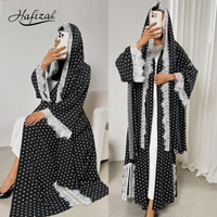 Abaya Hafizah en dentelle à pois noirs et blancs, robe musulmane de Dubaï, vente en gros, kaftan à bordure cils, Ramadan Aïd 2026, fournisseur d'usine