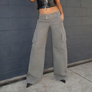 Overoles de Mezclilla para Mujer, Estilo Y2K, Casuales, de Cintura Baja, con Bolsillos Simétricos, Pierna Recta, Holgados, Lavados, Color Sólido - Product Image 3