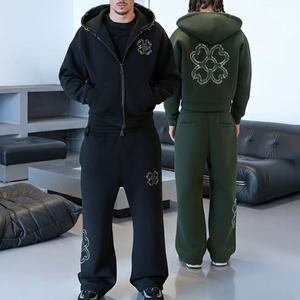 Ensemble de survêtement décontracté pour <span class=keywords><strong>homme</strong></span> avec broderie de logo personnalisé, sweat à capuche noir 100 % coton coupe ample et pantalon de jogging zippé intégral – Fabricant - Product Image 2