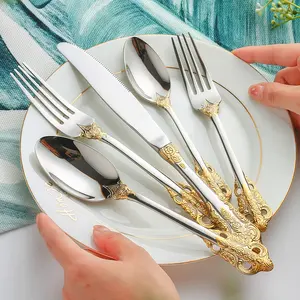 奢华金餐具套装复古餐具套装18/10不锈钢银餐具刀叉和勺子